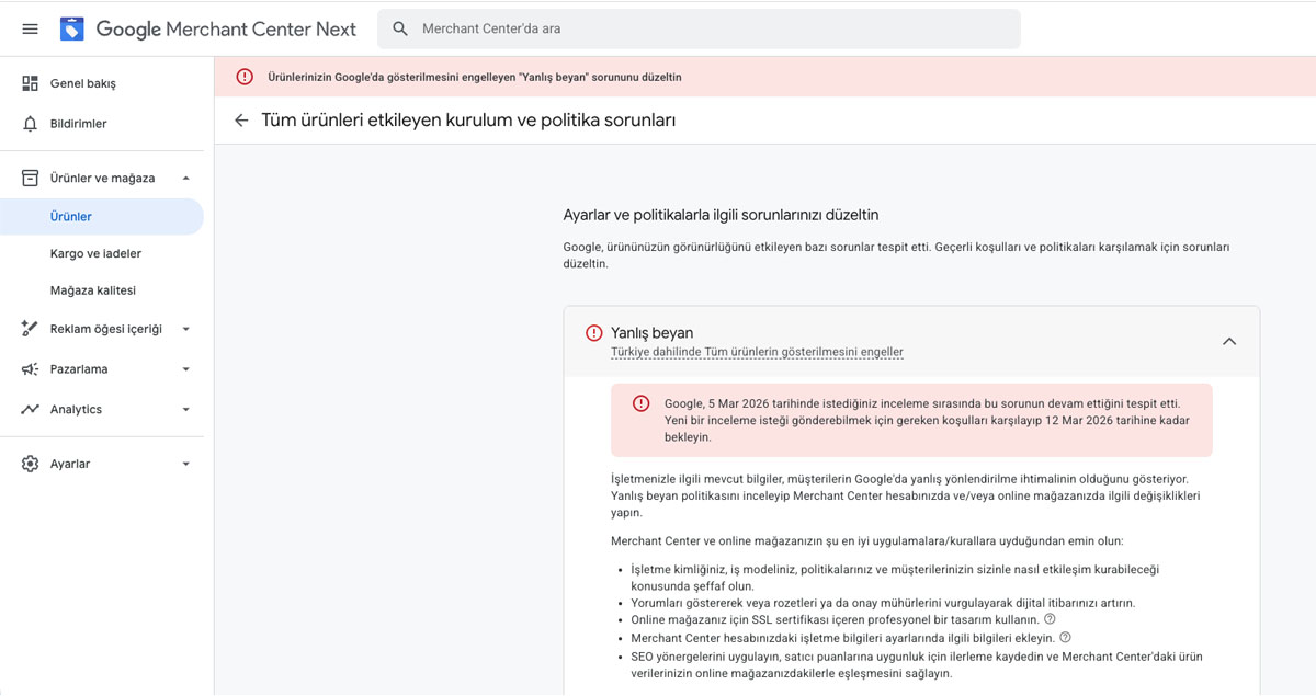 google merchant yanlış beyan sorunu